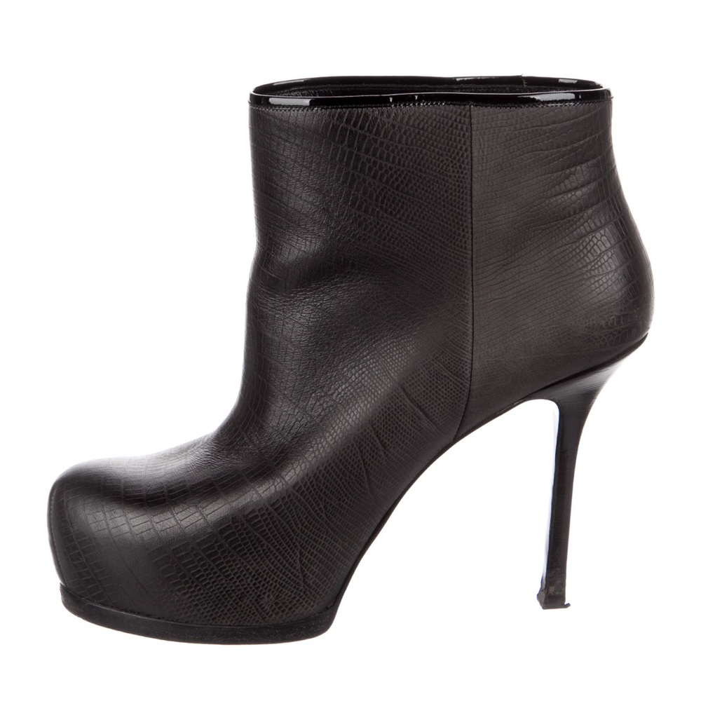 YVES SAINT LAURENT dark grey embossed leather platform boots booties